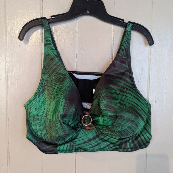 Cacique Other - Cacique Green and Black Palm-Print Underwire Bikini Top
